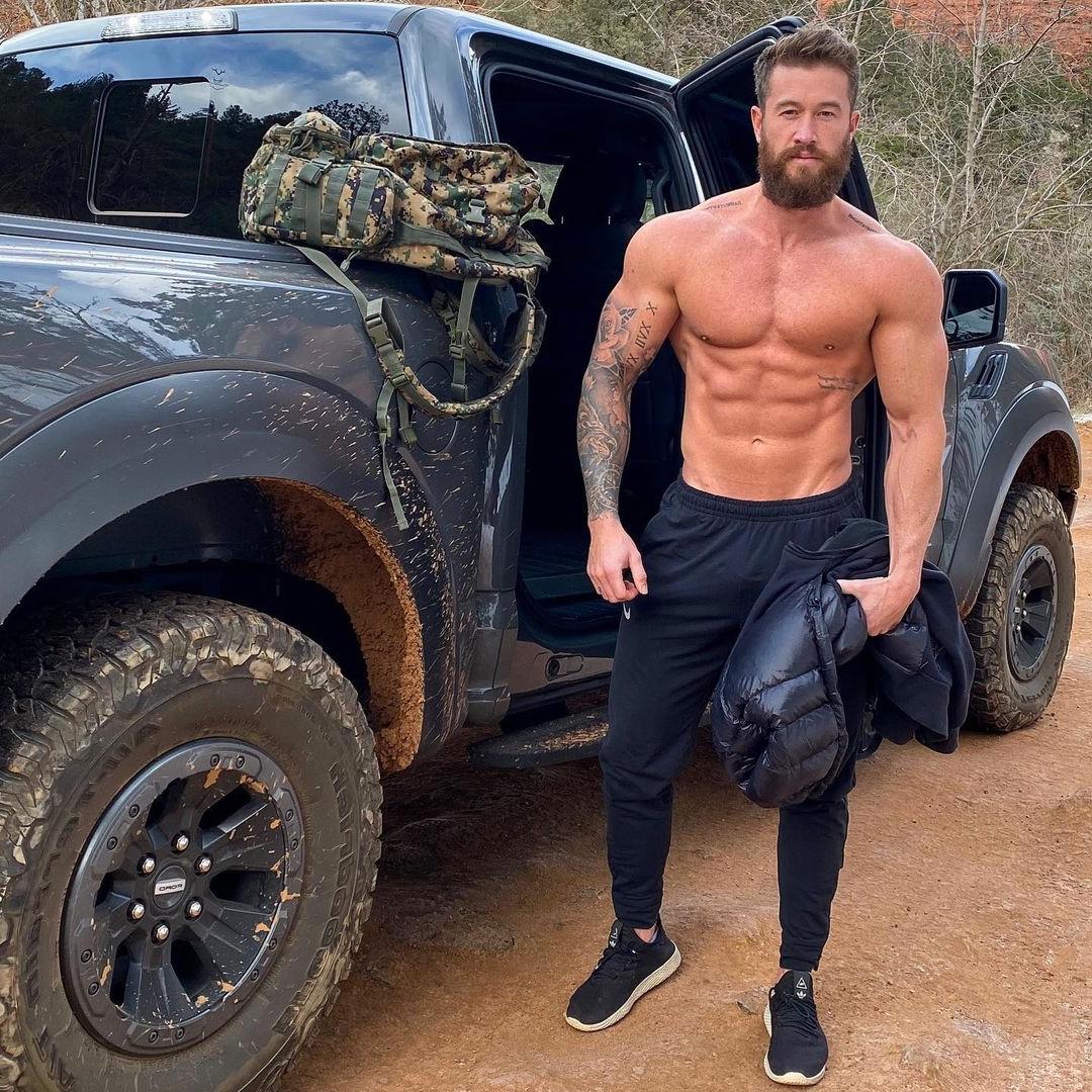masculine-shirtless-bearded-man-brenton-ross-simmons-sexy-black-truck