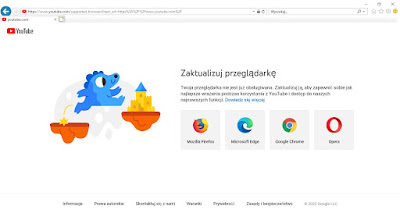 Strona YouTube wyświetlana na nie wspieranych przeglądarkach. Zachęca do pobrania innej.