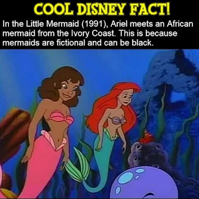 Image of Ariel and Gabriella containing the following misinformation: "In The Little Mermaid (1991), Ariel meets an African mermaid from the Ivory Coast. This is because mermaids are fictional and can be black."