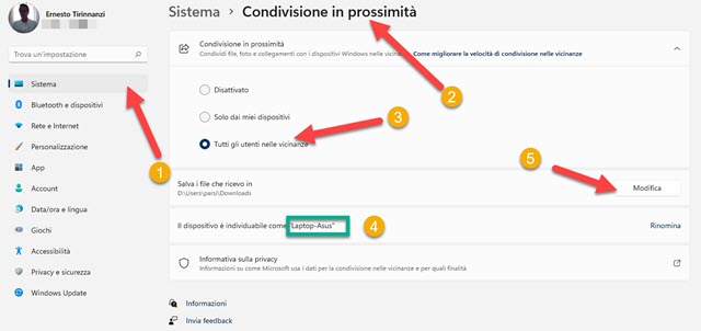 condivisione in prossimità di windows