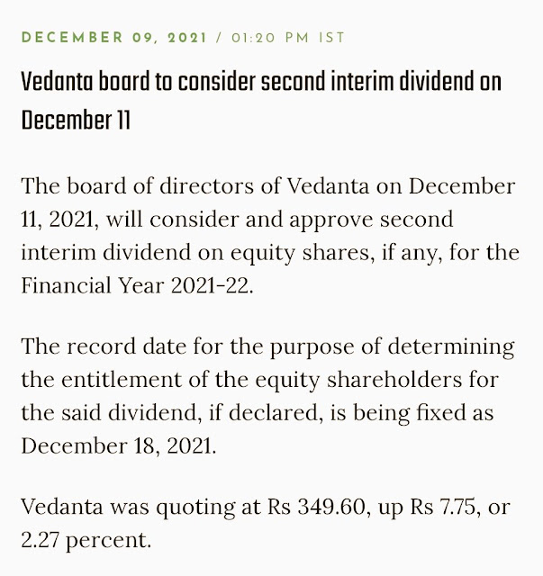 Vedanta board to consider second interim dividend on December 11 - Rupeedesk Report