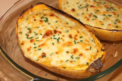 Finished baked cheesy spaghetti squash.