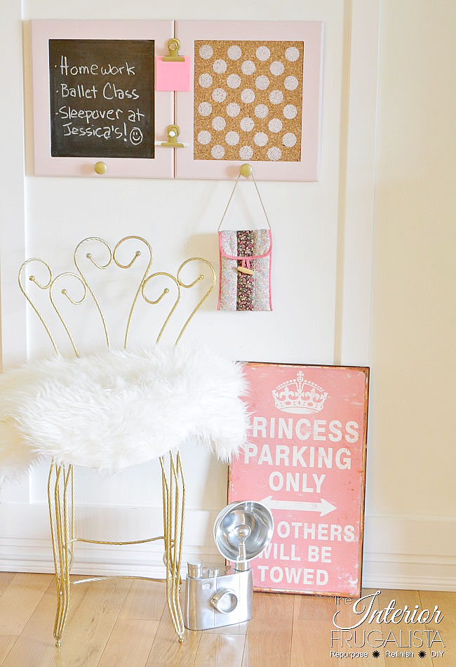A DIY kid's room message board idea with chalkboard and corkboard made from repurposed cabinet doors.