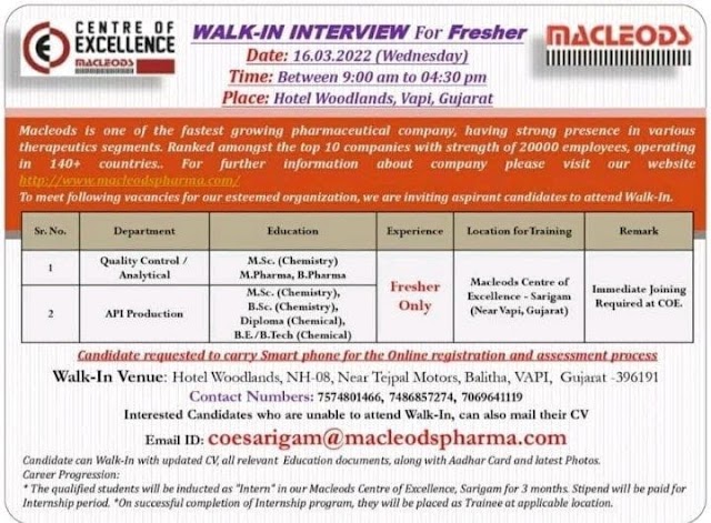 Macleods Pharma | Walk-in interview for Freshers in Production/QC on 16th March 2022