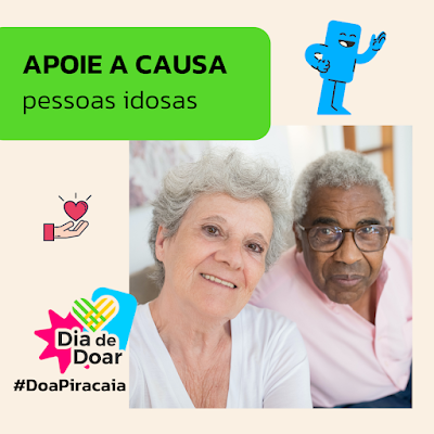 foto de mulher branca idosa e homem negro idoso, sorrindo, e o texto: apoie a causa pessoas idosas