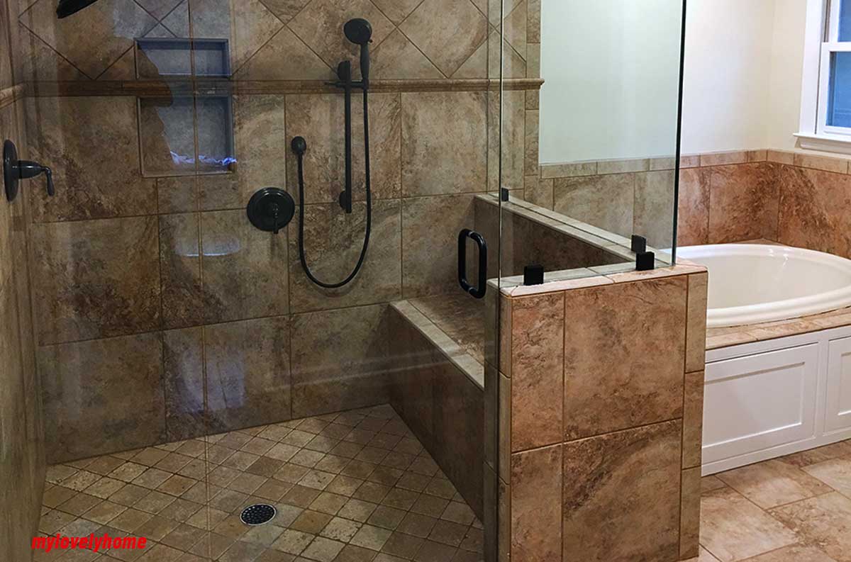 Brown granite tiles for bathroom with Glass shower room