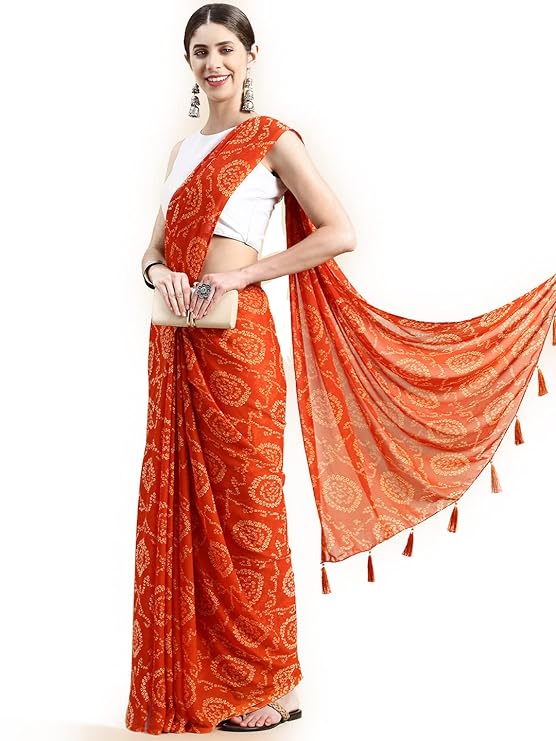 RANI SAAHIBA Women's Chiffon Bandhani Printed Saree Without Blouse