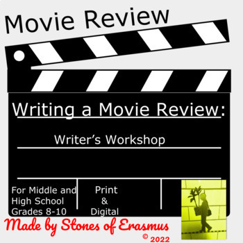 Cover Art for a Writing a Movie Review listing from the Stones of Erasmus TpT store