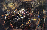 baroque design of the Last Supper by Jacopo Tintoretto c.1594 related to Leonardo da Vinci's renaissance painting.