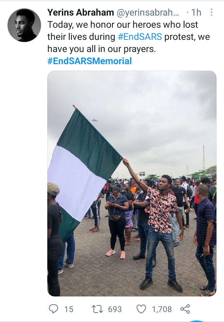 #EndSarsmemorial: BBNaija Yernis spotted at Lekki Toll Gate with Nigerian flag (Pictures)