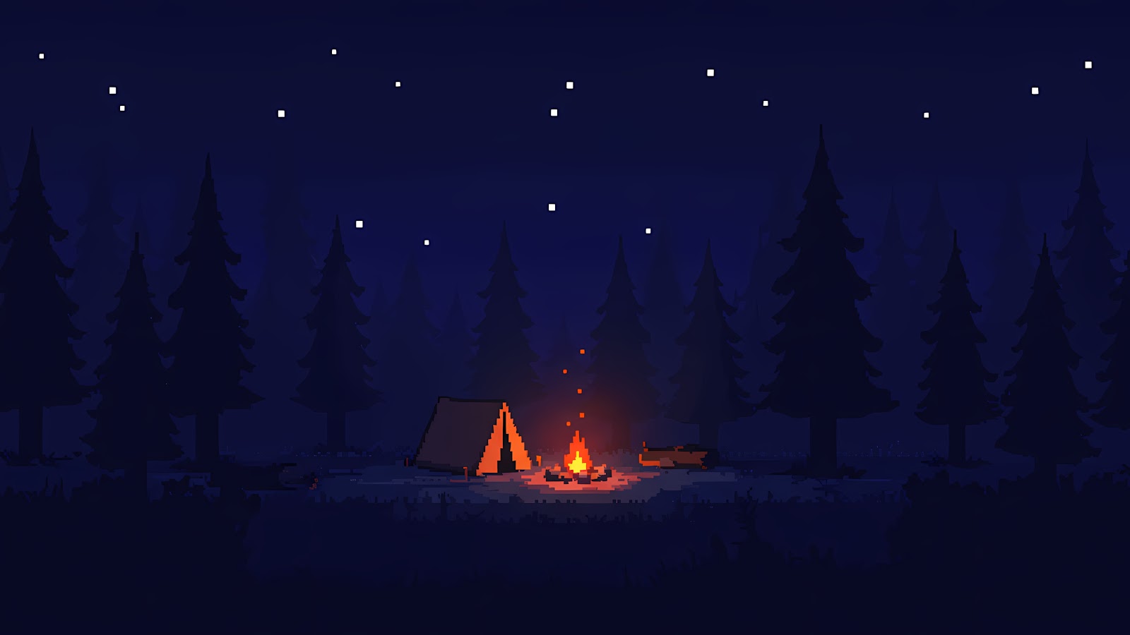 A pixel art scene of a tent and campfire under a starry night sky in a forest, ideal as a cool wallpaper for laptop.