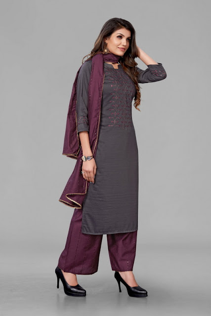 Voilet Embroidered Kurta With Palazzo and Dupatta