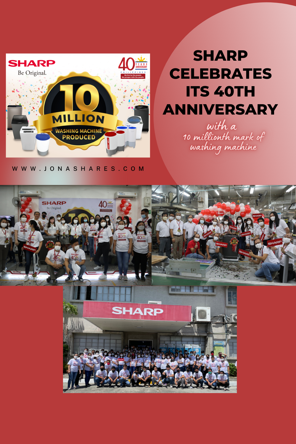 Photos of Sharp employees in their celebration of 10th million washing machine  production in its 40th year anniversary