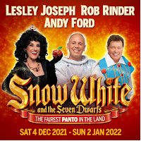 Press image for Snow White at the Bristol Hippodrome, featuring Andy Ford, Lesley Joseph and Judge Rinder in costume, smiling
