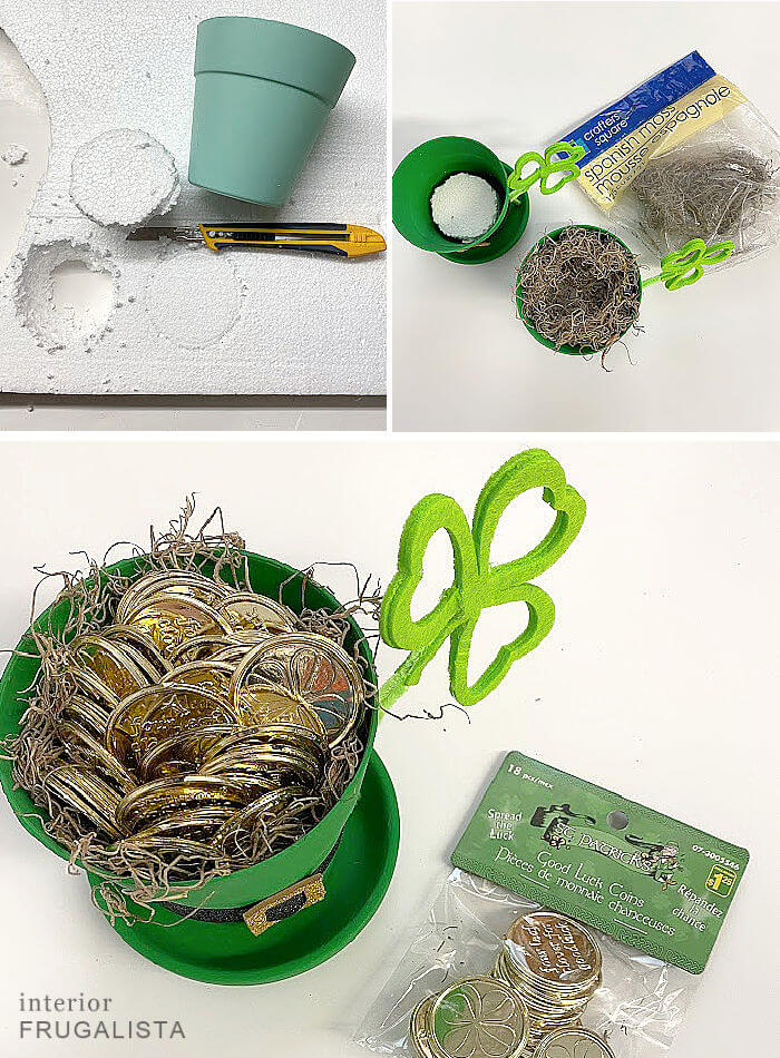 Filling the flower pot leprechaun hat craft with foam, craft moss, and gold chocolate coins.