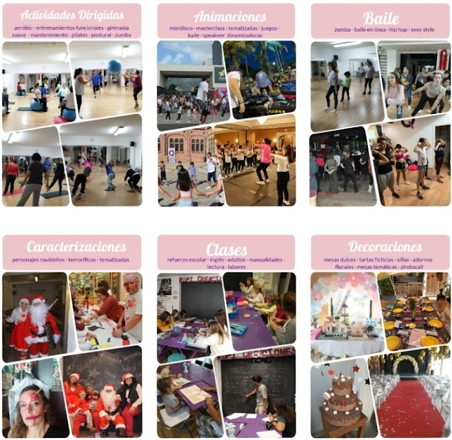 Actividades dirigidas, animaciones, baile, caracterizaciones, clases, decoraciones, fiestas, globos, maquillajes...