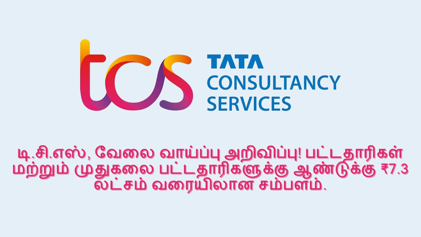 டி.சி.எஸ், வேலை வாய்ப்பு அறிவிப்பு! பட்டதாரிகள் மற்றும் முதுகலை பட்டதாரிகளை ஆண்டுக்கு ₹7.3 லட்சம் வரையிலான சம்பளம்.