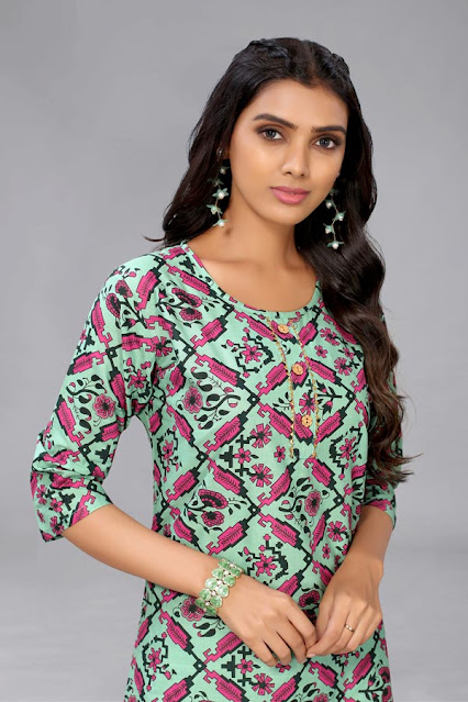 Green Colored Cotton Abstract Print Kurti.