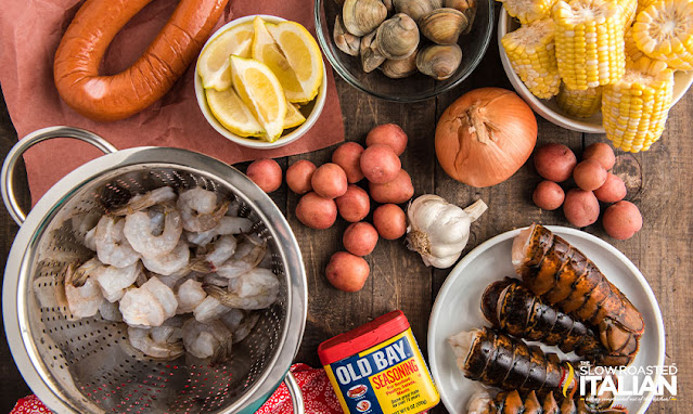 overhead: seafood boil ingredients