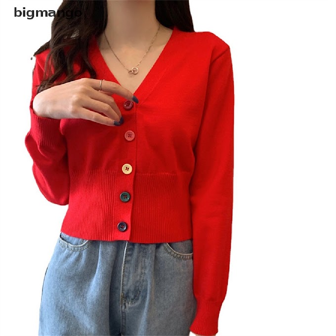 [ bigmango.vn ] Bmvn Rainbow Color Button Short Long Sleeve Sweater Women Sweet Knitted Cardigan Jelly