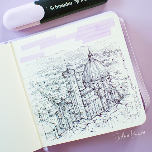 A black pen sketch showing the dome of Florence Cathedral in Italy.