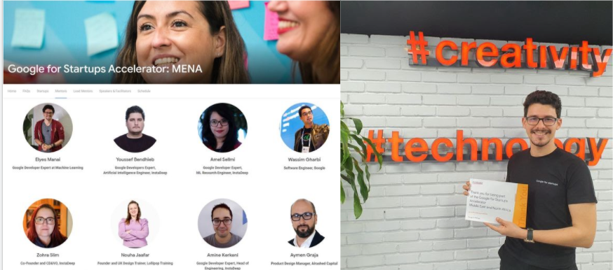 Left side of image shows a screenshot from the Google for Startups Accelerator:MENA page. Right side of mage shows man with glasses holding a piece of paper in front of a wall that has signs on it that say hashtag creativity and hashtag technology