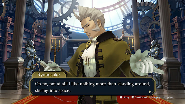 The Great Ace Attorney Chronicles Ryunosuke standing around staring into space Lord Stronghart