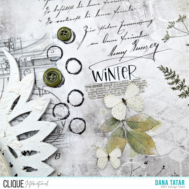 Printed Vellum Stamped Circles and Rub-On Mixed Media Title Spot with Buttons and Butterflies