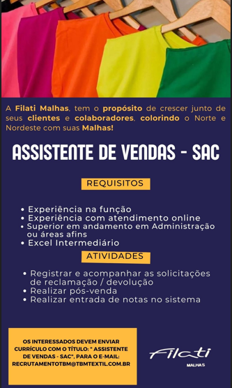 ASSISTENTE DE VENDAS - SAC - FORTALEZA/CE