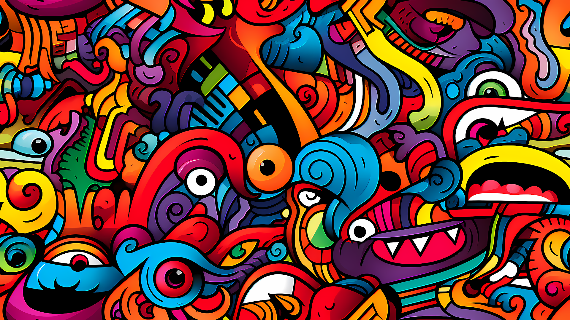 Vibrant and chaotic pattern of colorful, cartoonish monsters, eyes, and abstract shapes in a psychedelic style.