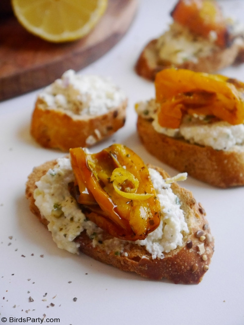 French Ricotta Dip and Roast Peppers Crostini Appetizers - quick and easy to make, light, delicious tartine recipe for spring or summer entertaining!  by BirdsParty.com @BirdsParty #appetizer #recipe #partyfood #fingerfood #whippedricotta #brousse #frenchcheese #ricottadip #cheesedip #oscarsappetizer #oscarsfood #springappetizer