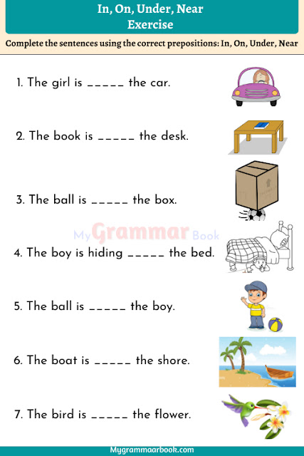 in on under near worksheet for class 1