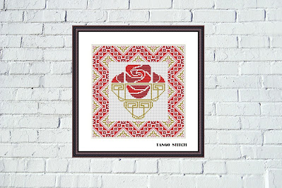 Red Art nouveau flower cross stitch ornament embroidery design