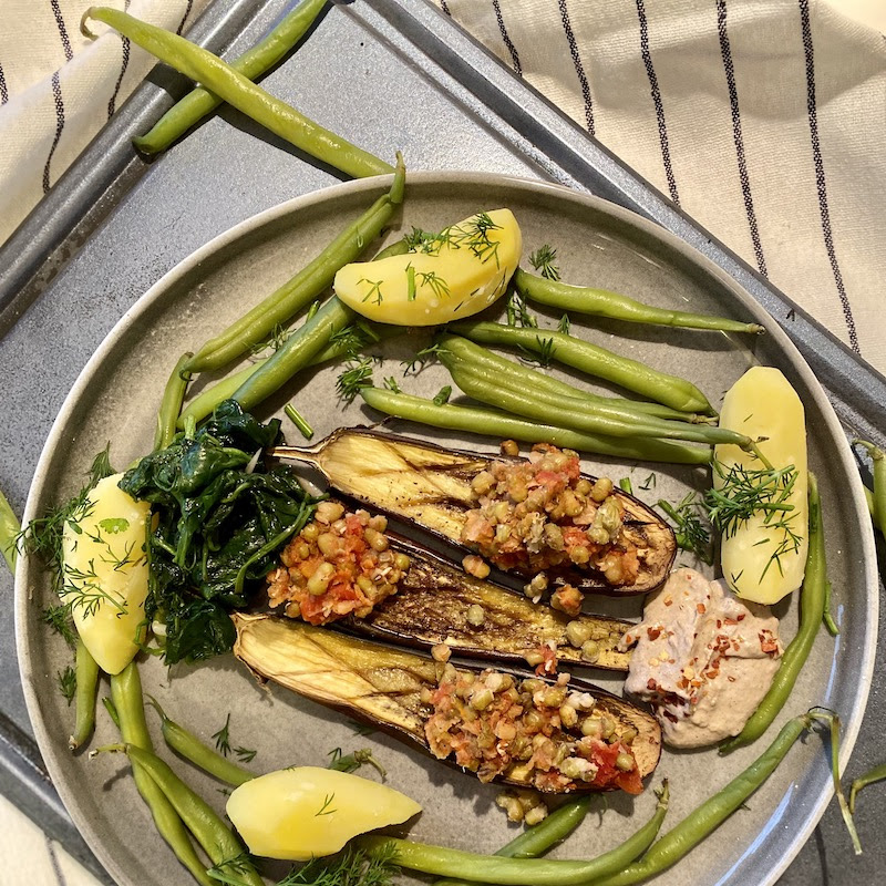 EGGPLANT AND GREEN VEGETABLES WITH TAHINI SAUCE - Read more »