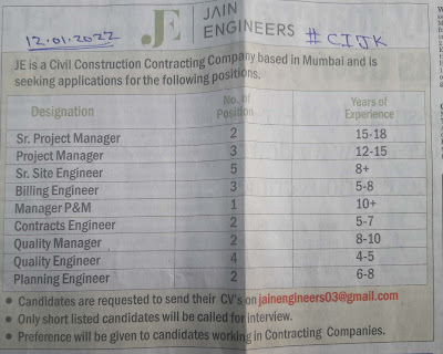 Jain Engineers is a Civil Construction Contracting Company based in Mumbai and is seeking applications for the following positions: Sr. Project Manager Project Manager Sr. Site Engineer Billing Engineer Manager P&M Contracts Engineer Quality Engineer Planning Engineer