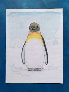 A watercolour illustration of an Emporer penguin in the Antarctic.