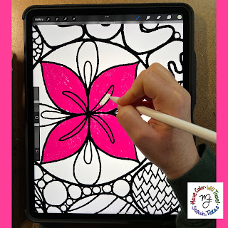 An artist colors a enlarged pink and green flower in Procreate.