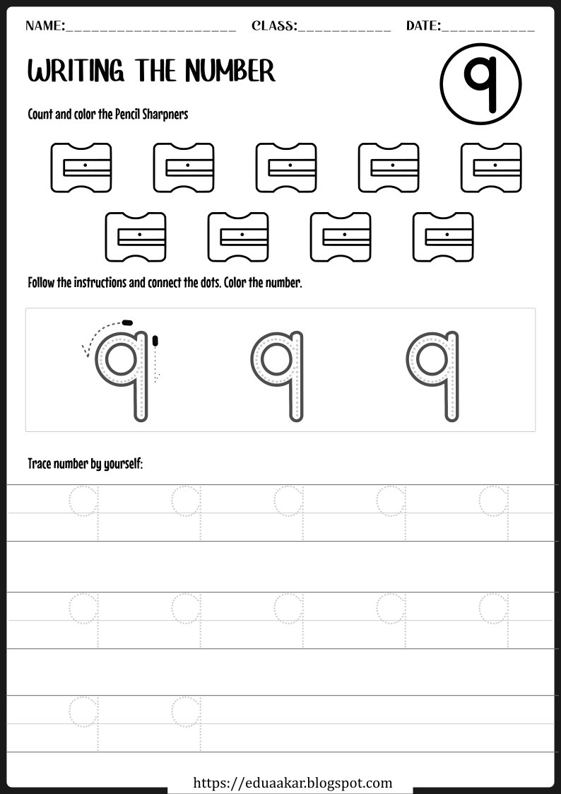 Number 9 Count and Tracing Worksheet for Preschool kids