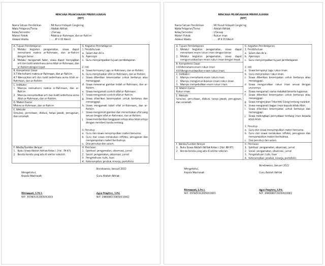 Download RPP 1 Lembar Akidah Akhlak Kelas 1 SD/MI Semester 2