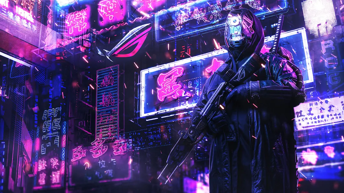 A digitally enhanced 4K wallpaper portraying a futuristic cyber warrior standing in a neon-lit urban cityscape with vivid colors and dystopian elements