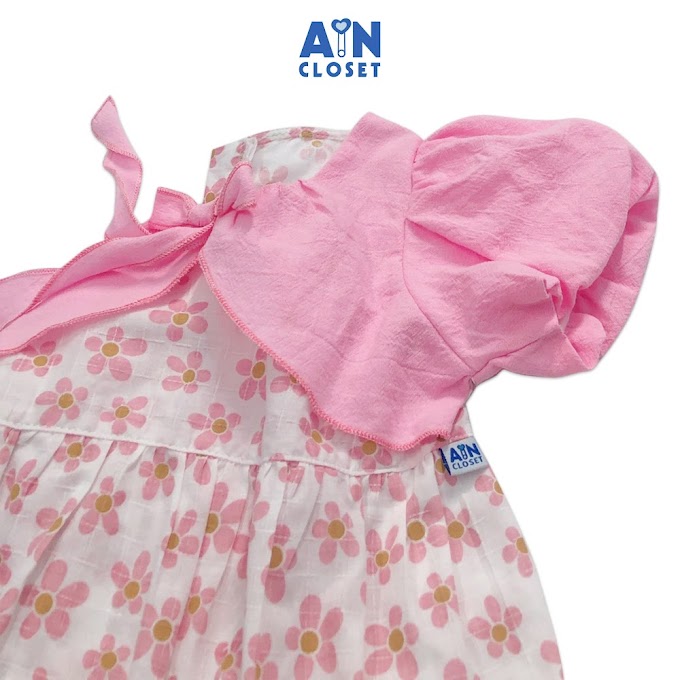 Mall Shop [ aincloset ] Đầm bé gái họa tiết Hoa Tóc tiên hồng nơ cotton - AICDBGWZKNQK - AIN Closet