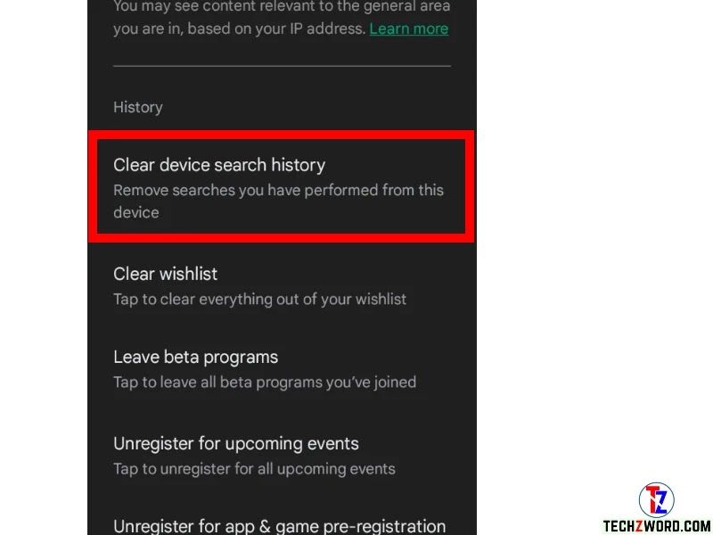 Clear device search history પર ક્લિક કરો.