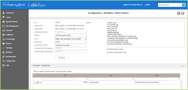 TimelyBill workflow builder – REST actions screen