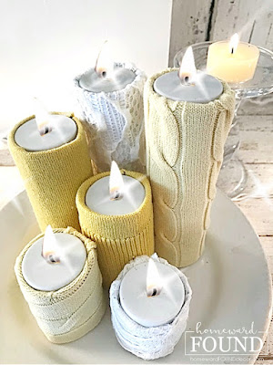 Christmas,Christmas Decor,Christmas Decor Themes,holiday,winter,sweaters,Sweet Sweater Originals,DIY,diy decorating,trash to treasure,up-cycling,re-purposing,thrifted,candles,faux candles,battery operated candles,Dollar Tree finds,Dollar Tree crafts,sweater candles.