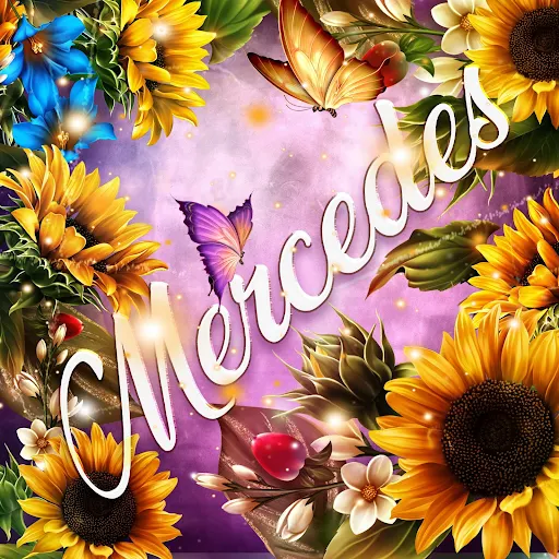 imágen con el nombre mercy con fondo de girasoles y mariposas para descargar gratis