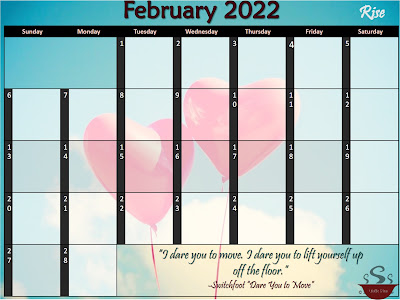 A heart balloon float against a blue sky background with a black and pink themed calendar in the foreground.