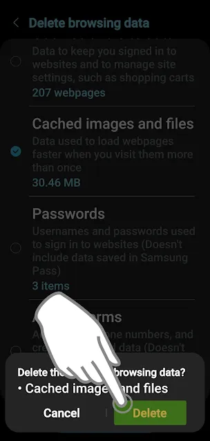 Delete and Cancel Button on Samsung Internet Picture