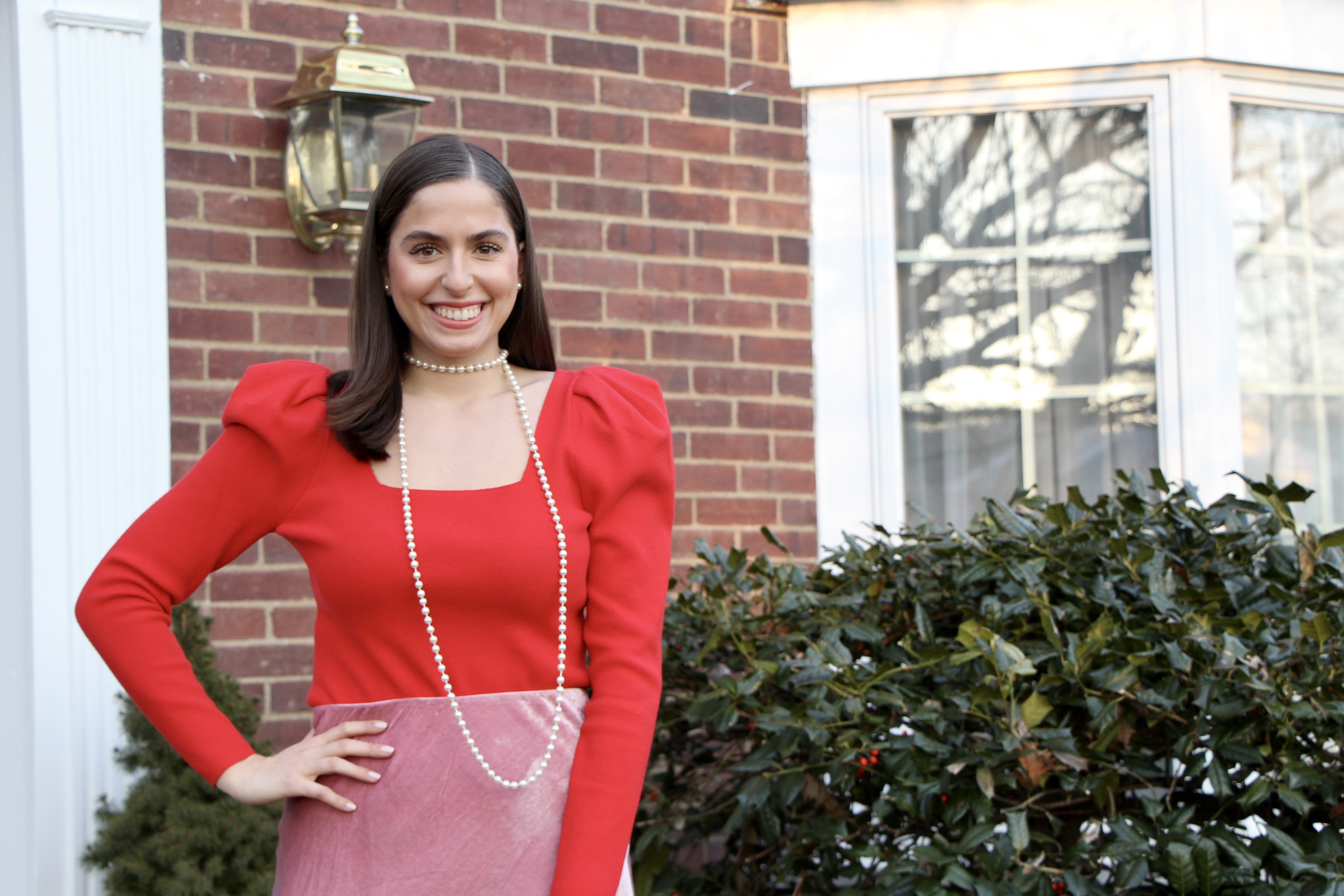 valentines day, valentines day, pink and red, midi skirt, velvet, red sweater, pearls, love languages