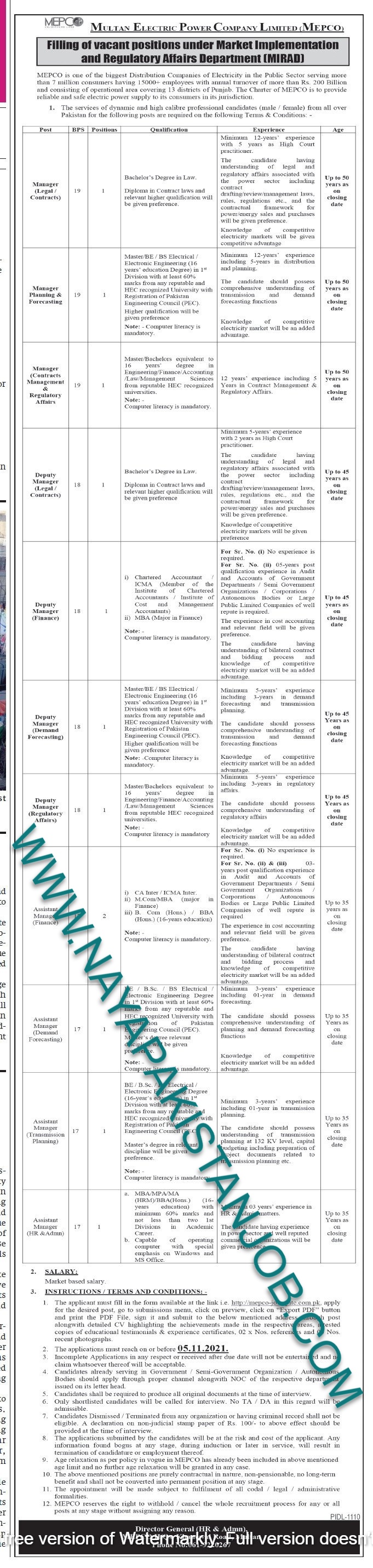 Multan Electric Power Company MEPCO Jobs 2021