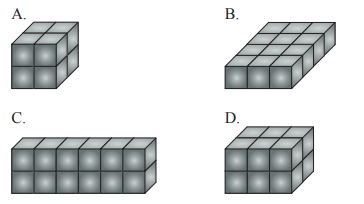 1. Semua balok kecil memiliki ukuran yang sama. Tumpukan blok yang manakah yang memiliki volume yang berbeda dari yang lain?